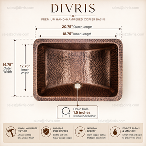 Évier de cuisine rectangulaire en cuivre martelé fait main, à encastrer, finition mate, design rustique, un trou, 20,75 x 14,75 po - Product Image 6