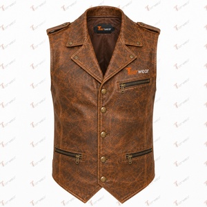 Gilet de motard pour homme Tiierwear en similicuir marron, double boutonnage, col rabattu avec fermetures éclair, logo avant, vêtement d'extérieur pour l'automne - Product Image 4