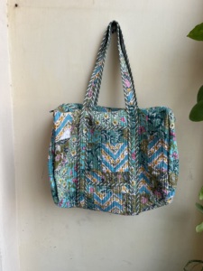 Quilted Cotton Duffle <b>Bag</b> Indian Handmade <b>Weekender</b> <b>Travel</b> and Shopping <b>Bag</b> with Block Print Women's Stylish Tot <b>Bag</b> - Product Image 5