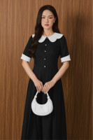 Vietnamien Cool Cotton Midi PETAL DREAM - Robe à col à volants pour femme - Style féminin et élégant KD68