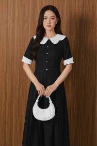 Vietnamien Cool Cotton Midi PETAL DREAM - Robe à col à volants pour femme - Style féminin et élégant KD68 - Product Image 4