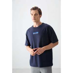 Camiseta de Hombre Azul Marino 100% Algodón Jersey Grueso Suave Texturizado Corte Holgado Estampada-88359 - Product Image 3