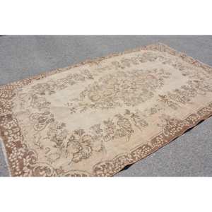 Tapis traditionnel en laine marron beige 5.9x9.8 pieds Design patchwork turc vintage classique pour chambre à coucher chevet rectangulaire en latex - Product Image 4