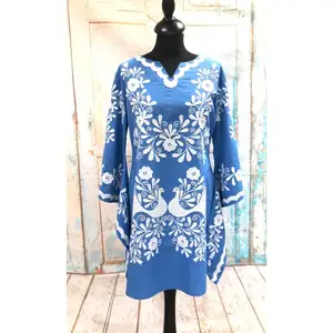 Vintage 70s Estilo Mexicano Azul Bordado Pavo Real Pájaro Floral Caftán Mini Kaftan Fiesta Boda Playa Vestido de Algodón