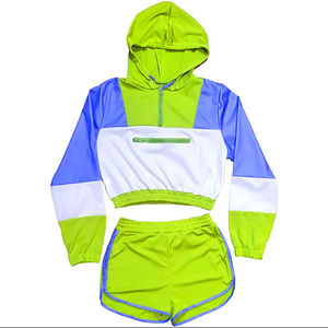 Waterproof Polyester Hooded Collar Half Zipper Spring Summer 2 Piece Set Block Print Outdoor Windbreaker Shorts Set Plus Size - Product Image 6
