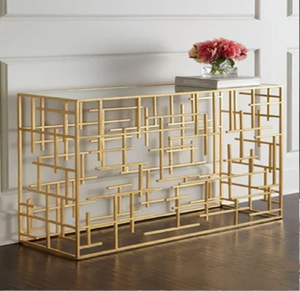 Console luxueuse de cadre d'or avec le modèle ovale complexe, dessus de marbre blanc, pour les entrées grandes. Disponible aux tarifs de gros. - Product Image 5