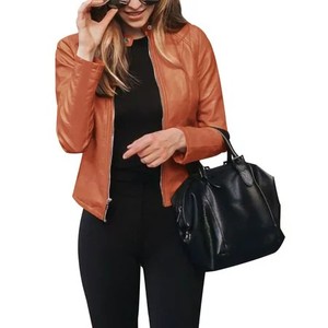 Nueva chaqueta de bombardero de cuero PU para mujer de otoño, Top corto ajustado, chaqueta informal de motocicleta para exteriores para mujer con logotipo personalizado - Product Image 2