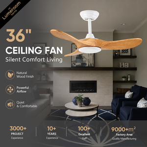 36 Inch Solid Wood Ceiling <b>Fan</b> No Light with <b>Remote</b>, Natural Wood Blades Quiet Reversible DC Motor <b>Fan</b> for Bedroom - Product Image 1