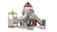 Série en bois écologique Rocket Spaceship Themed Glissières de grande taille Filets et panneaux de corde pour aire de jeux extérieure pour enfants