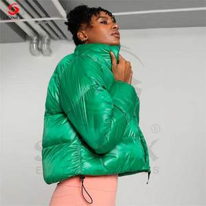 2024 chaqueta acolchada de algodón acolchada con cremallera informal con logotipo personalizado para mujer, diseño con capucha, cintas, ropa de punto, Abrigo acolchado brillante - Product Image 5