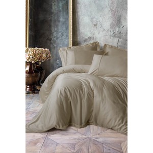 Parure de lit double en satin de coton soyeux, motif uni beige, tissée et lavée pour un confort optimal à la maison - Product Image 1