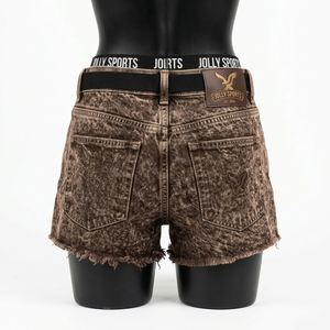 Shorts de mezclilla para hombre, color marrón oscuro, lavado ácido, 380 GSM, algodón pesado, dobladillo sin rematar, logo estampado vintage, shorts de mezclilla para mujer con lavado ácido - Product Image 5