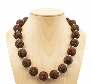 Women's 18-Inch Natural Rudraksha Stone <b>Beaded</b> Necklace Tibetan Silver 10K Gold Plated Geometric Design Trendy Gift Hand-made - Product Image 1
