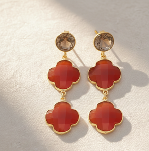 Pendientes de Piedras Preciosas de Color Naranja Ahumado de 6 Pulgadas y 18 Gramos |   10 mm Redondo y 16 mm Forma Elegante |   Plata de Ley 925 Chapada en Oro de 18K - Product Image 3