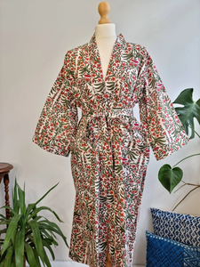 Bata de casa con estampado a mano de algodón puro, Kimono botánico, patrón sólido, Pastel, Blanco inocente, naturaleza, templo, verde, impresión Digital - Product Image 2