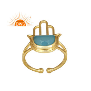 Best Selling Sterling Silver 18K Gold Plated Natural Blue Chalcedony Gemstone Hamsa Design <b>Adjustable</b> <b>Ring</b> Jewelry Manufacturer - Product Image 1