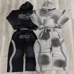 Ensemble de pantalons de survêtement et sweat à capuche évasés avec broderie et impression unisexe personnalisée deux pièces Rhinestone survêtement en éponge français - Product Image 6