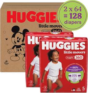 Pañales para Bebé Huggies Talla 5, Little Movers HuggFit 360 °   Pañales para Bebé con 360 unidades °   Cinturilla elástica, talla 5 (más de 27 libras), 128 unidades - Product Image 1