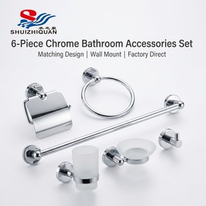 Modern Chrome Square Zinc Alloy Eco-Friendly 6-Piece Bathroom Accessories Set Wall-Mounted Design Hotel Apartment 5-Year