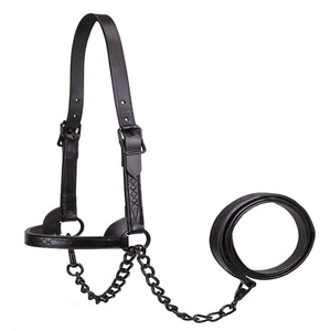 Licou de spectacle en cuir de vache tout noir de qualité supérieure avec chaîne en plomb assortie - Product Image 2
