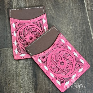 New Trendy Pink Floral Design Genuine Hand Tooled Cow Leather <b>Card</b> <b>Holder</b> Minimalist <b>Wallet</b> Front Pocket RFID Block <b>Card</b> <b>Holder</b> - Product Image 1