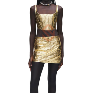 Haut court en cuir métallisé pour femmes véritable mouton en cuir brillant Corset Style sans manches Bustier en cuir haut court pour Streetwear - Product Image 3