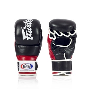ถุงมือฝึกซ้อมศิลปะการต่อสู้ Fairtex MMA สีแดงดำ หนังแท้ พร้อมสายรัดข้อมือแบบ Hook Loop ระบายอากาศได้ดี ขายดีที่สุด - Product Image 1