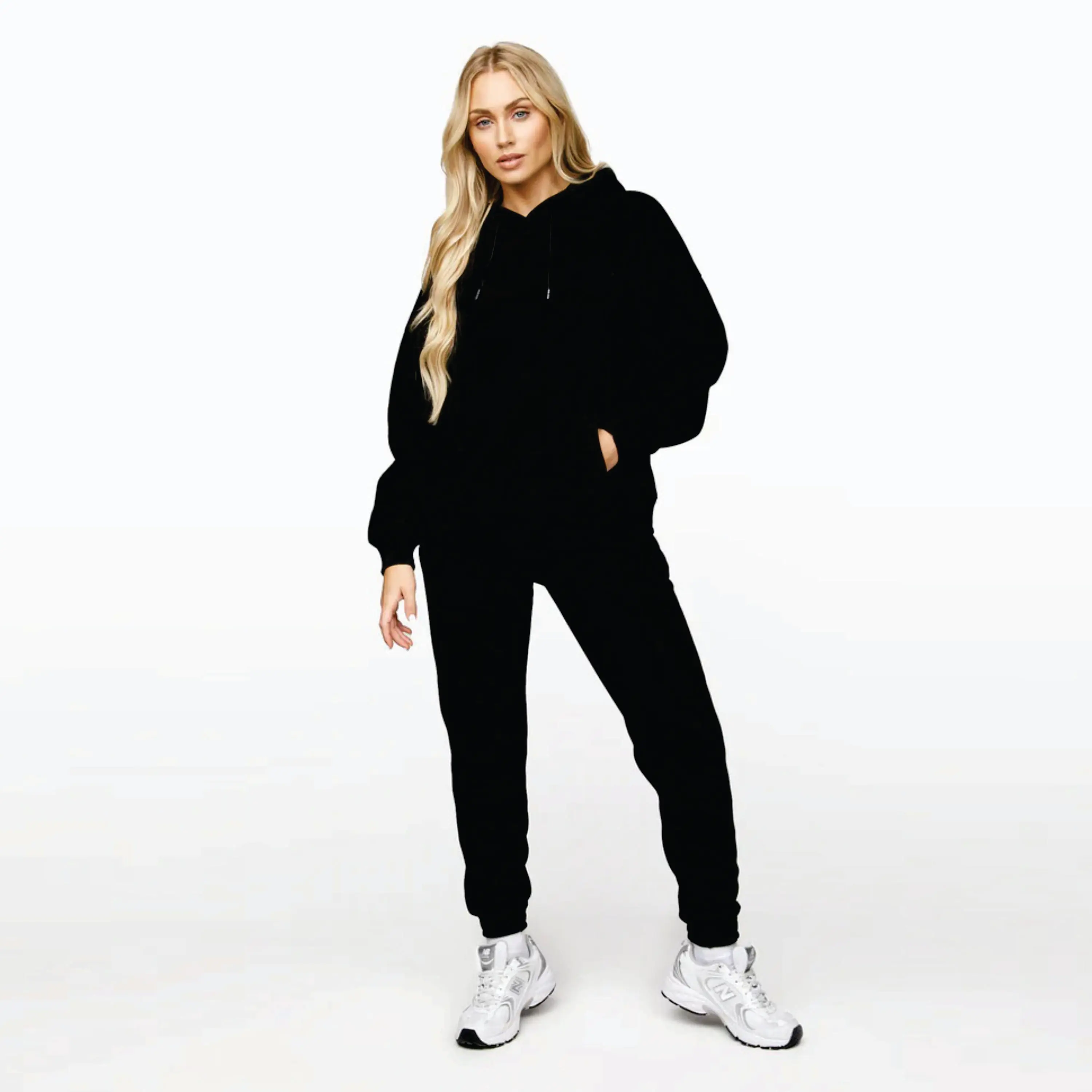 Survêtement Surdimensionné à Taille Haute 80% Coton 20% Polyester Linéaire à Capuche et Jogger Noir pour Femme