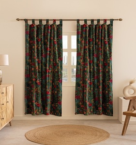 Rideaux en velours de coton à imprimé floral vert toutes saisons pour la décoration intérieure indienne Boho, facile à installer, fenêtre de confidentialité - Product Image 2