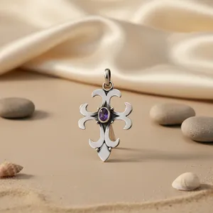 Art Palace Colgante de Cruz de Amatista en Plata 925 Vintage con Engaste de Bisel, Hecho a Mano, Amuleto Religioso Cristiano, Uso Diario, Unisex - Product Image 2