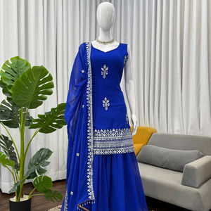 Kurti Sharara Dupatta brodé et cousu pour l'hiver, vente en gros pour femmes, dernière tendance, léger, en georgette, très demandé - Product Image 1