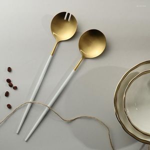 Ensemble cuillère et fourchette de serveur de salade en laiton de conception fantaisie avec des outils de salade de poignée de feuilles pour des couverts de salade d'or de cuisine de Table à manger - Product Image 4
