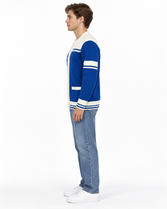 Cardigan en tricot rayé bleu et blanc pour homme avec fermeture boutonnée, manches longues, vêtement d'automne, OEM ODM, logo, marque privée - Product Image 5