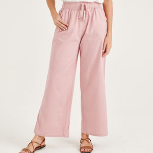 Meilleure vente femmes taille haute glisser droite ample grande taille jambe large coton lin été personnalisé avant plat pantalons de survêtement - Product Image 1