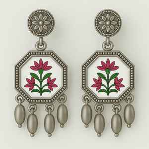 Boucles d'oreilles à tige en argent sterling 925 faites à la main, design floral, bijoux fins indiens vintage, lunette géométrique, cadeau de fête - Product Image 4