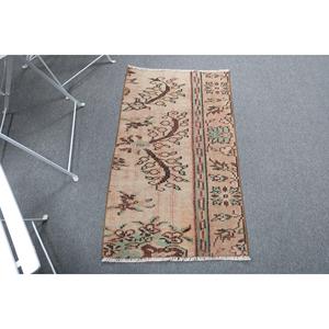 Vintage Rug, Small 2x3.5 ft Turkish Rug, <b>Brown</b> Green Bordered <b>Wool</b> Rug - Product Image 1