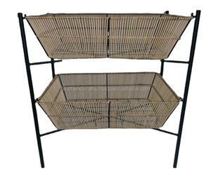 Panier à deux niveaux en rotin et fil de fer avec support pour fruits et légumes cuisine rangement et organisation à domicile - Product Image 1