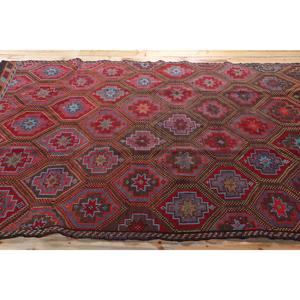 พรมคิลิมตุรกี ขนาด 5.4x7.9 ฟุต สีแดงน้ำเงิน ลายต้นไม้และพืช พรมขนสัตว์วินเทจ - Product Image 3