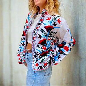 Chaqueta Suzani bordada floral de algodón transpirable teñida para mujer étnica Bohemia con estilo elegante - Product Image 2