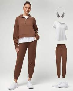 Jersey de invierno con media cremallera para mujer, sudadera bordada con agujeros para el pulgar, 2 bolsillos de canguro, tela de punto transpirable recortada en el frente - Product Image 5