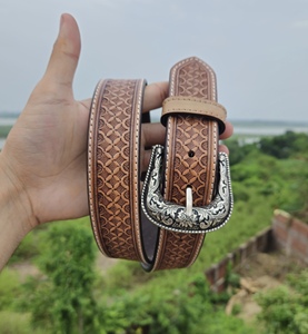 Western <b>Tooled</b> Leather <b>Belt</b> with Basket Weave Pattern and Antique Silver Buckle - Product Image 3