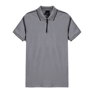 Top Qualité Hommes Gris Couleur Coton Polyester Mix Polo T Shirt Avec Fermeture Éclair Col Côtelé Et Passepoil Sur Les Épaules - Product Image 5