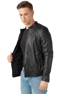Chaqueta de cuero suave y transpirable de piel de cordero auténtica para motocicleta negra perforada ajustada para hombre - Product Image 6