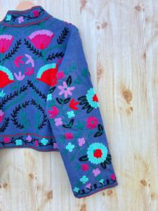 Abrigo Corto de Algodón Tejido Vintage Azul Oscuro, Estilo Sari Kantha, Floral, Bordado a Mano, Doble Botonadura, Estampado a Mano, Relleno - Product Image 6