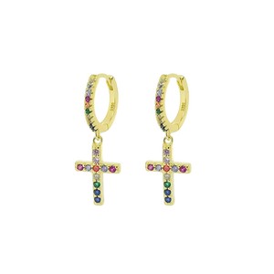 Orecchini Trendy a cerchio in argento placcato oro con Micro-Set a croce con pietre di perle turchesi in zircone per feste - Product Image 1
