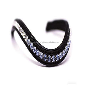 Cheval équestre en cuir véritable Bandeau à sourcils de qualité supérieure avec cristaux bleus et clairs Fabricant de strass bling - Product Image 2