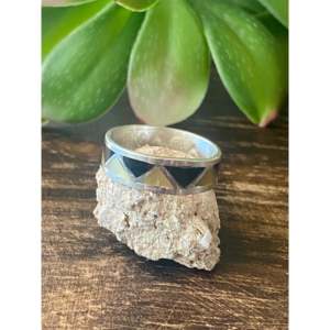 Navajo Handmade <b>Ring</b> Multi-Stone Sterling Silver Inlay Geometric Pattern <b>Opal</b> Pearl Platinum Rhodium Size 8.75 Everyday Wear - Product Image 4