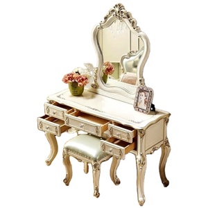 Ensemble de table de vanité en bois d'acajou massif moderne du milieu du siècle luxueux tabouret miroir coiffeuse élégante chambre à coucher salon appartement - Product Image 1