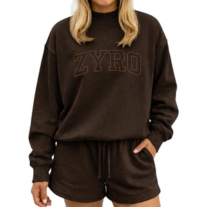 Wholesale Cheap Price High Quality Women's Casual Streetwear Knee 2 Piece Mockneck Sweatshirt Shorts Set Custom Cotton Solid - Product Image 1