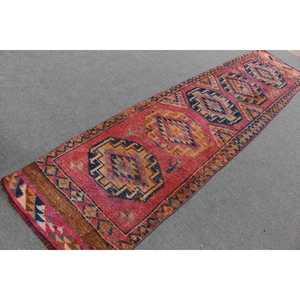 2.6x10.6 ft <b>Runner</b> Turkish Rug, <b>Red</b> Ikat Vintage Rug - Product Image 2